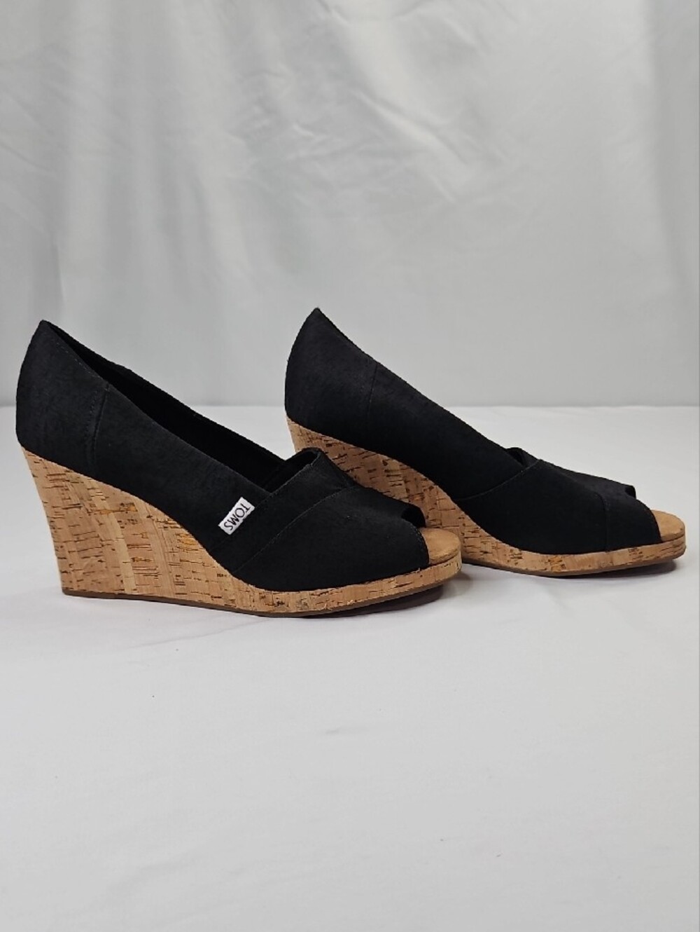 TOMS Black Cork Classic Wedge Peep-Toe Slip-On Sandal Size 9.5W - Picture 8 of 8
